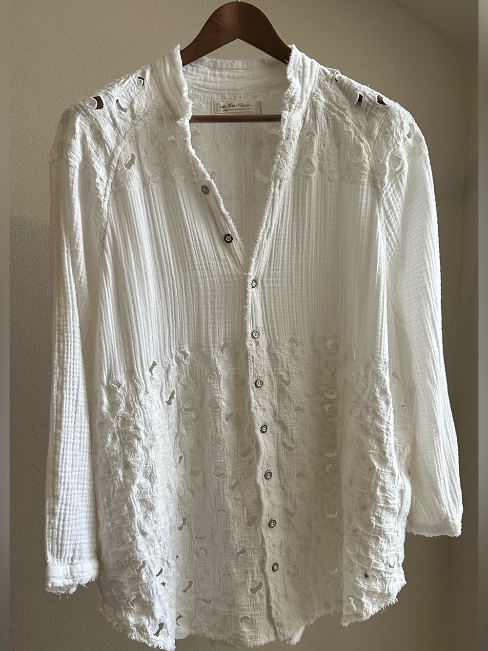 Free People White Cutout Button-Down Tunic